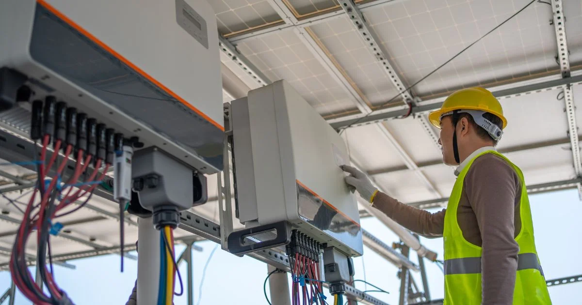 Technician inspecting facility power inverters.